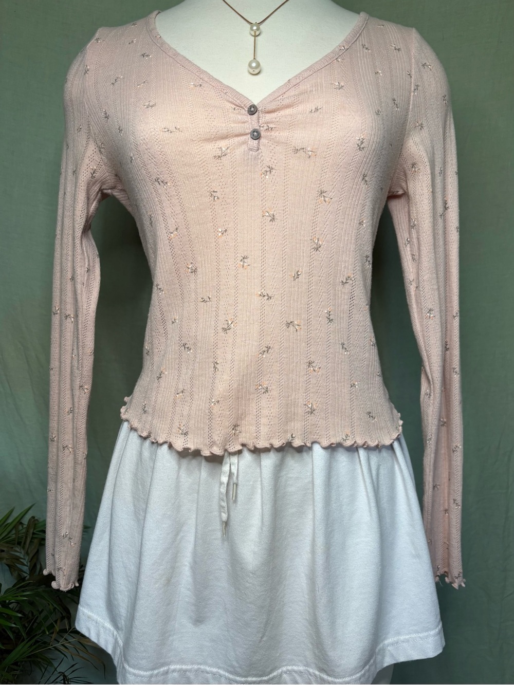 Pink Floral Pointelle Long-Sleeve Tee with Lettuce Hems #cottagecore #coquette